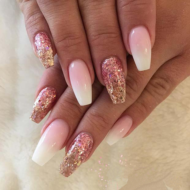 Pink and White Glitter Ombre Nails