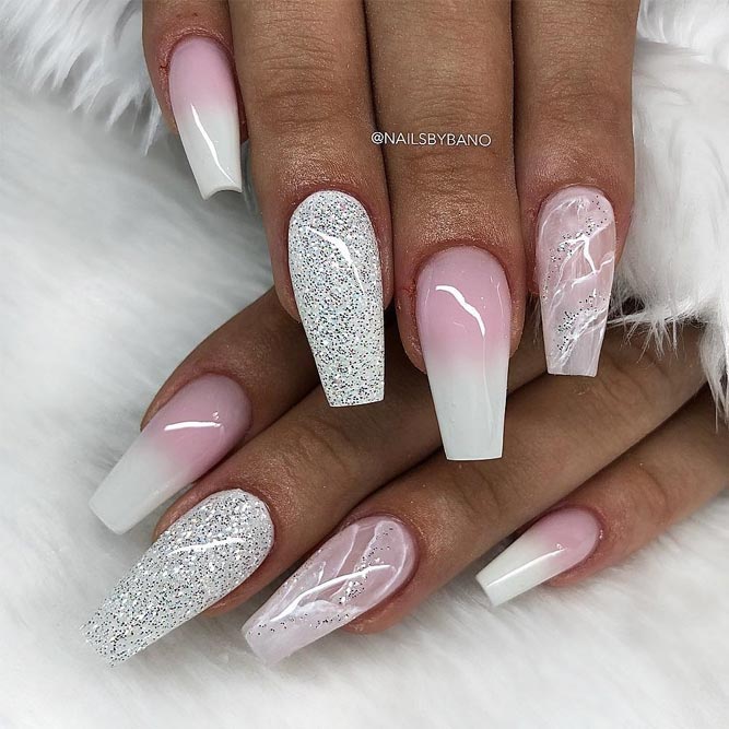 Pink and White Nails With Ombre and Marble Art
