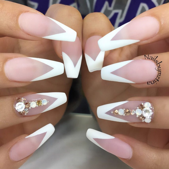 Pink And White Nails With Rhinestone