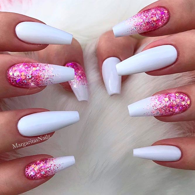 Sparkly Pink And White Coffin Nails