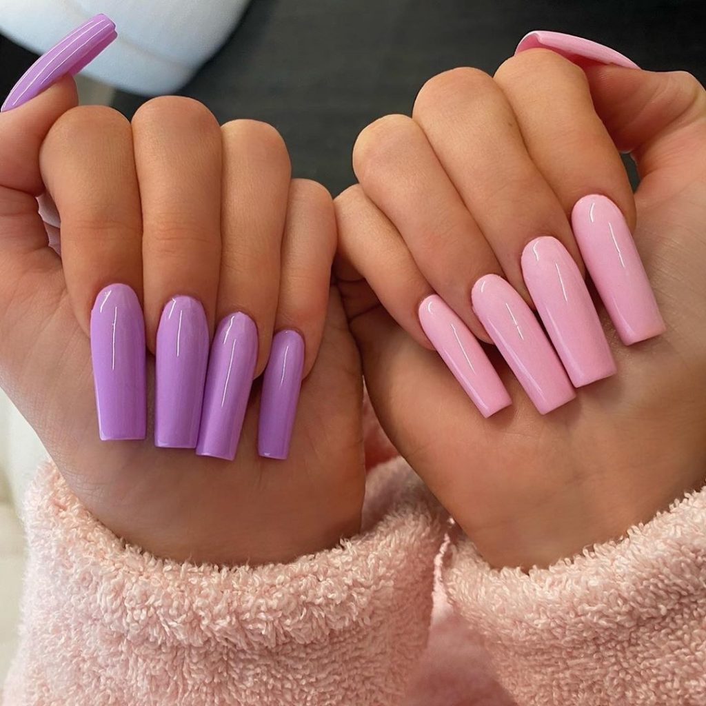 Squared off Purple and Pink nails.