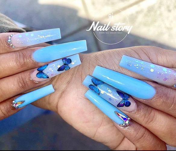 Blue Ombre Butterfly Nails