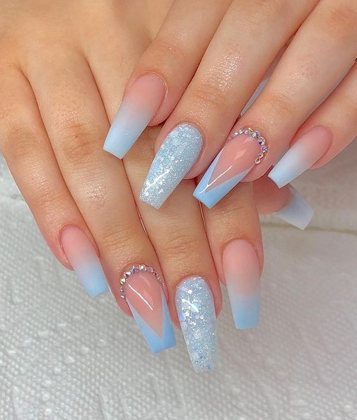 Blue pink ombre coffin nails