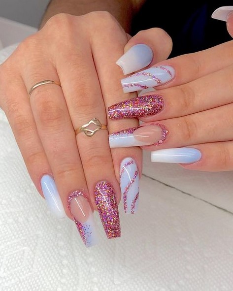 Blue pink shimmery ombre nails