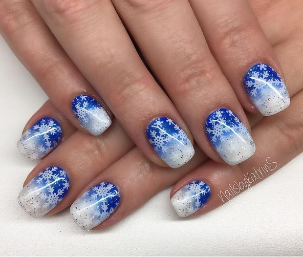 Blue white Snowflake nails
