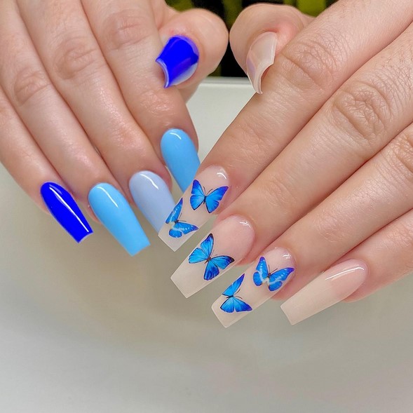 Butterfly ombre blue nails