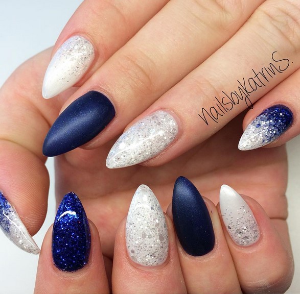 Glittery blue white ombre nails