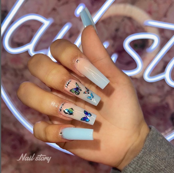 Baby blue and nude ombre nails