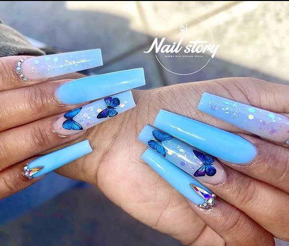 Blue ombre butterfly nails