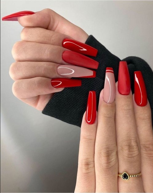 Red and nude acrylic nails