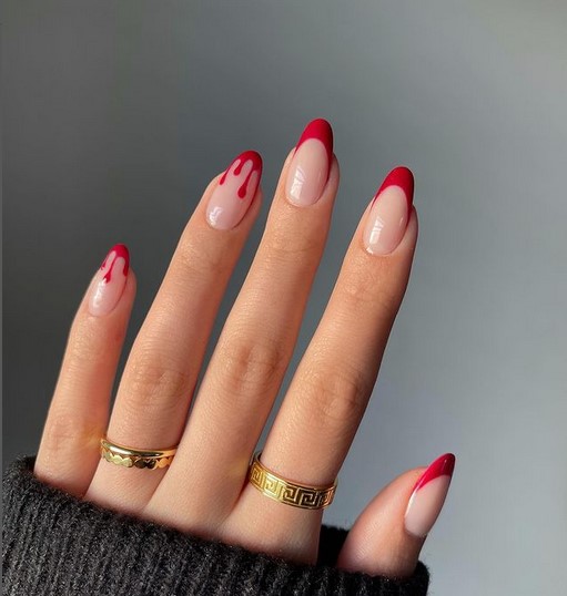 Red french drip nails
