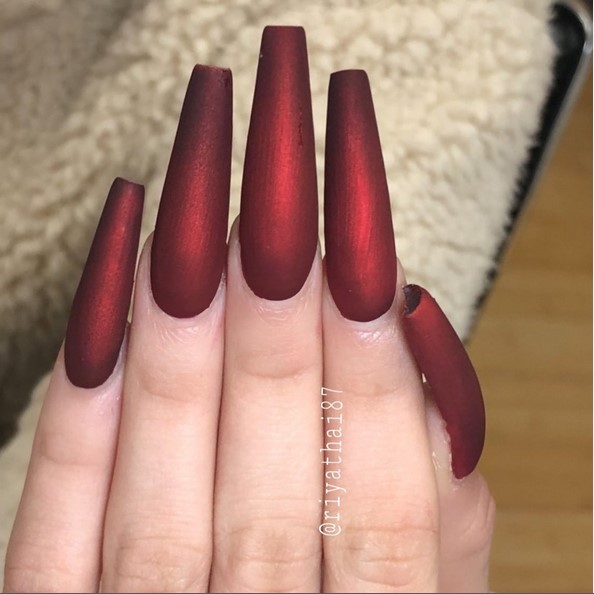 Shimmery red long coffin nails